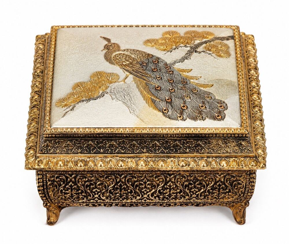 Vintage Westland Evergreen Peacock Music Jewelry Trinket Box